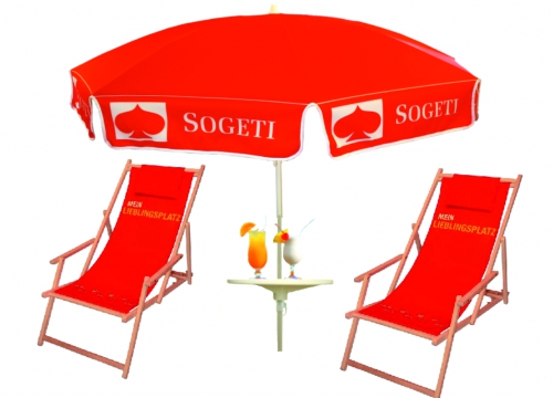 Parasol med bord og 2 liggestole Parasol med bord og 2 liggestole